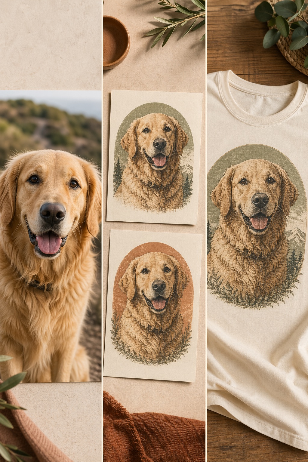Pet portrait workflow showing a pet photo, illustrated proof options, and final apparel mockup